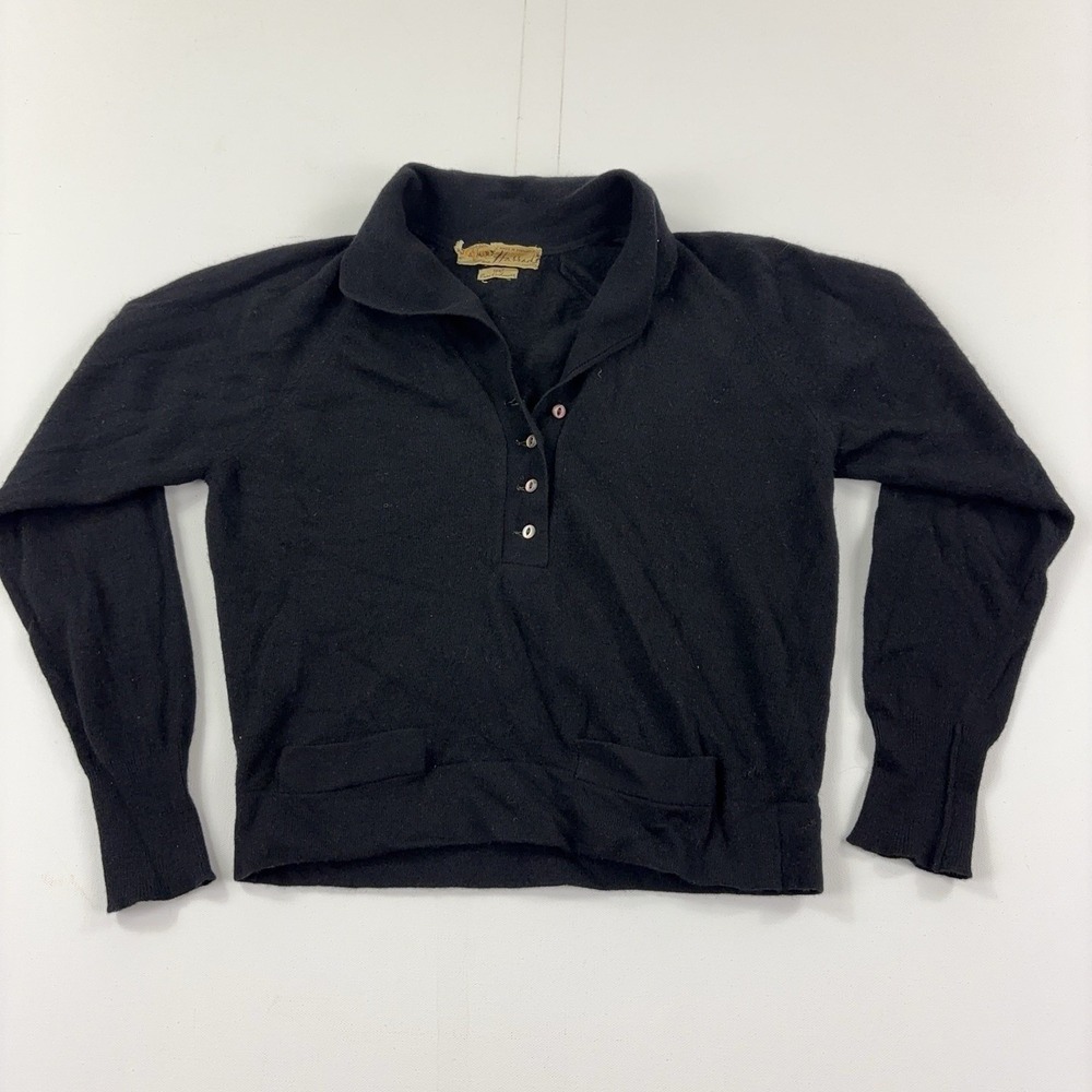 Vintage 60s Harrods Sweater Mens Small Black Cashmere Collared Pullover Pockets